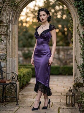 Laura Byrnes Y2K sz L Isabel Wiggle Purple Pin Up Satin Lace Black Label Dress